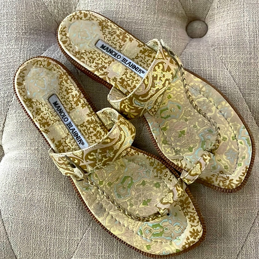 Manolo Blahnik Gold Printed Flat Sandals